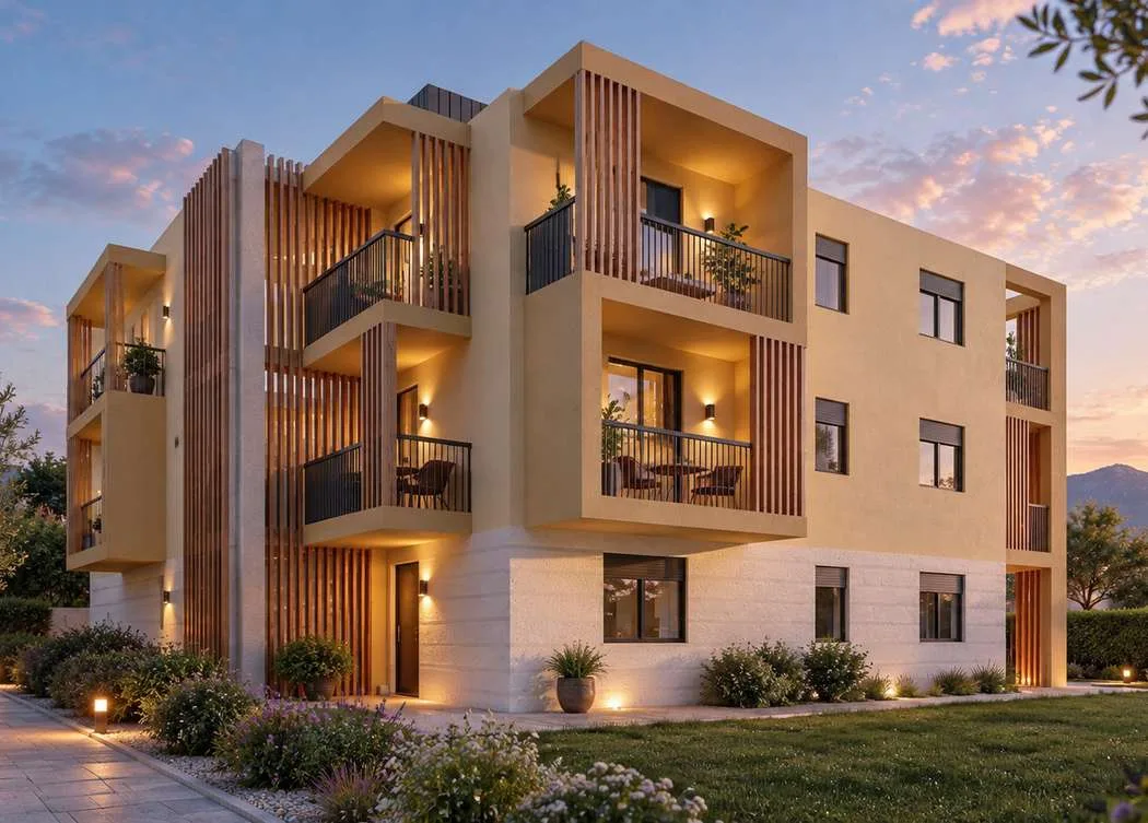 Render esterno del Residence Loweneck al tramonto