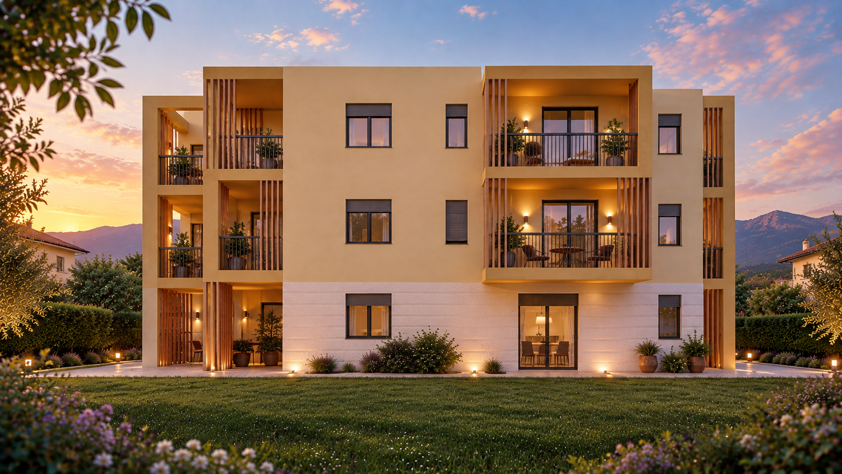 Render esterno del Residence Loweneck al tramonto
