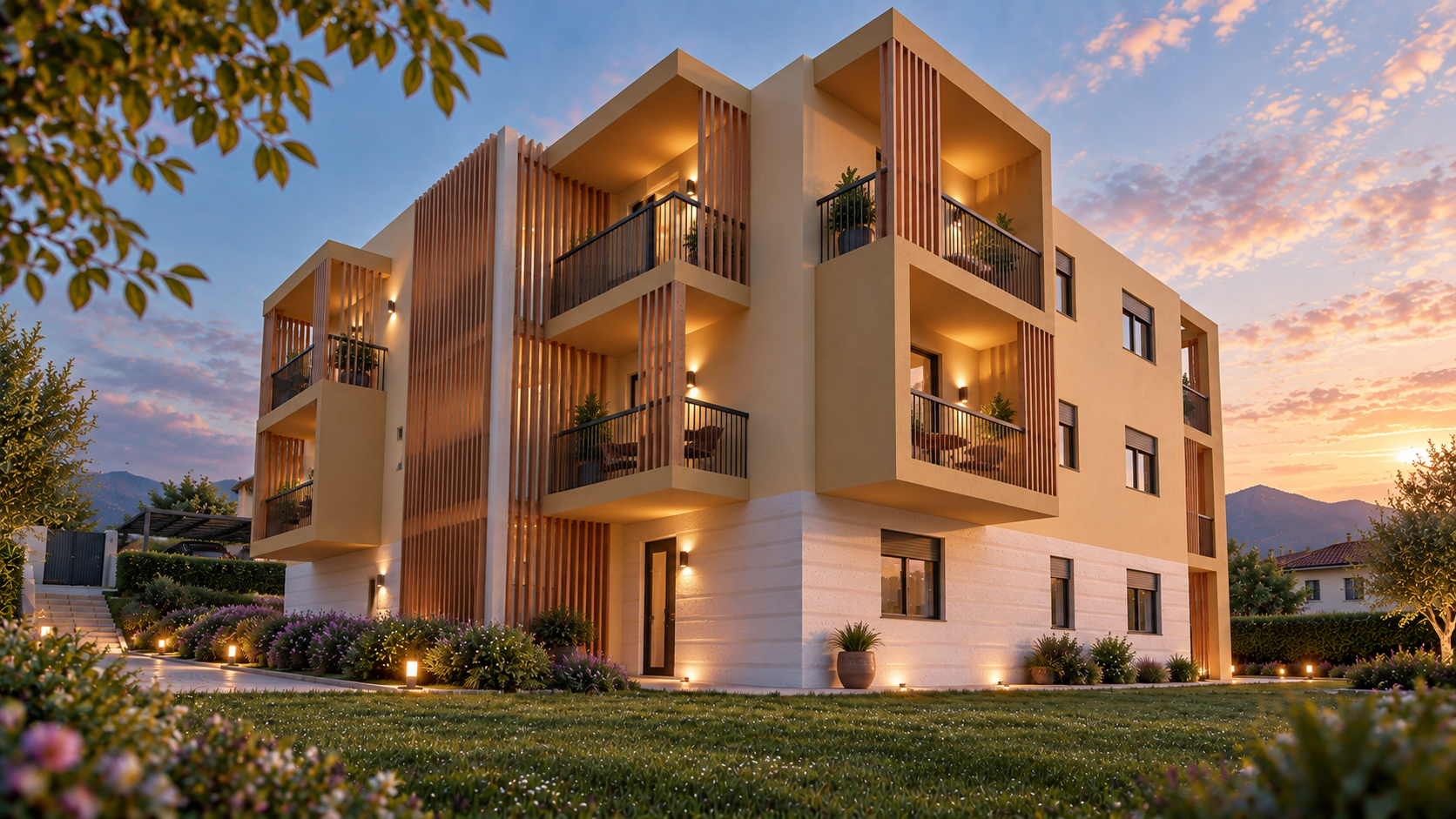 Render del Residence Loweneck al tramonto con balconi in legno